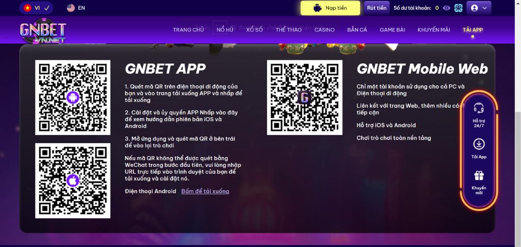 Thao tác tải app Gnbet về Android/iOS nhanh chóng